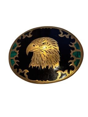Johnson & Held American Eagle Malachite Inlay Black Enamel & Brass Belt Buckle